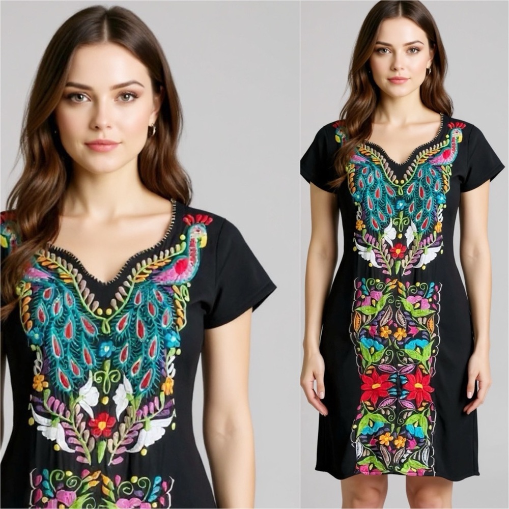 Embroidered Colorful Peacock Floral Bohemian Black Dress